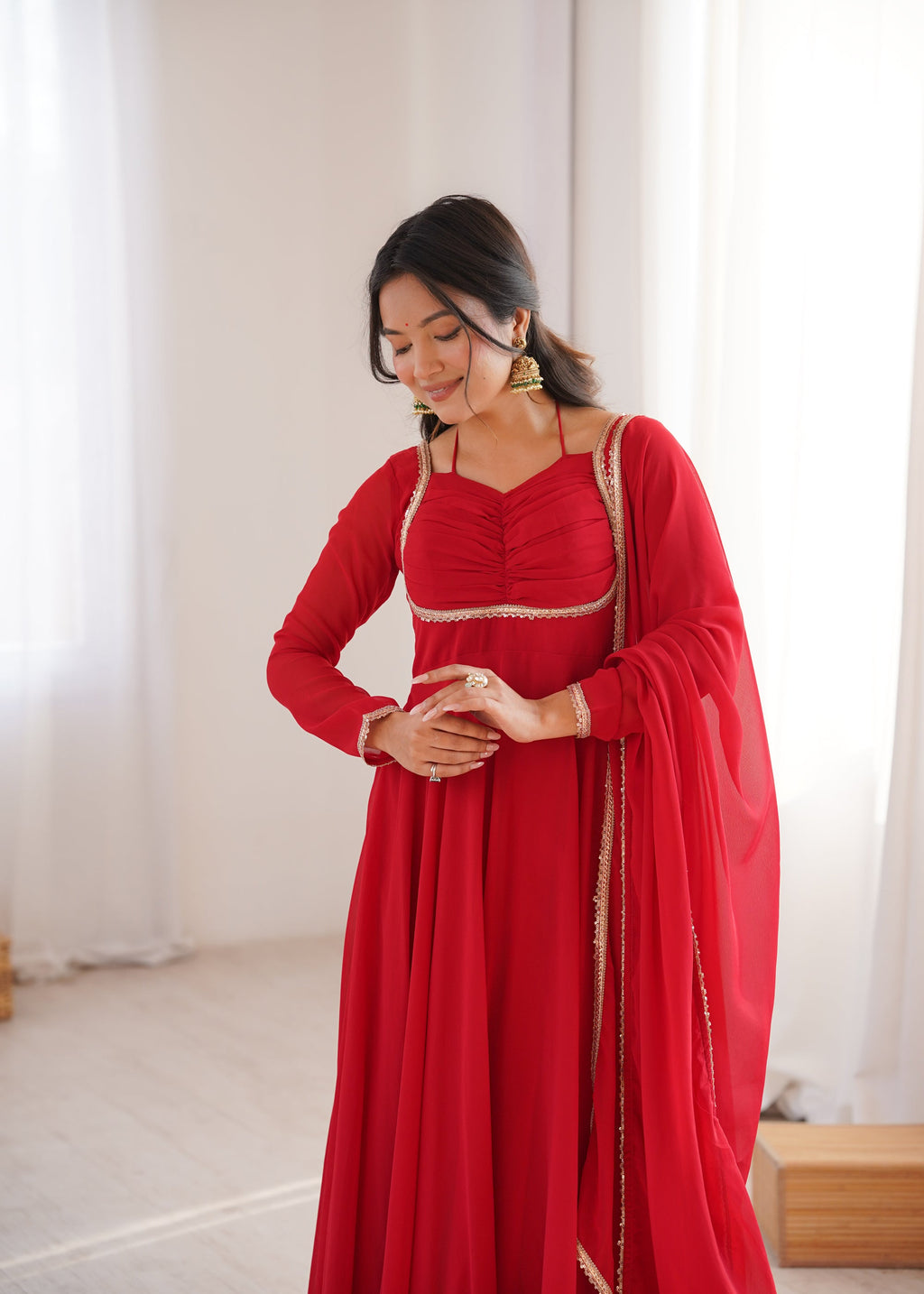 Lorenvalley Fashion Red Faux Georgette Fancy Designer Yoke Dori Neck Anarkali Gown with Dupatta | Grocsy