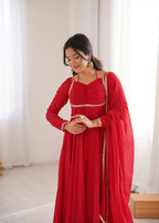 Lorenvalley Fashion Red Faux Georgette Fancy Designer Yoke Dori Neck Anarkali Gown with Dupatta | Grocsy