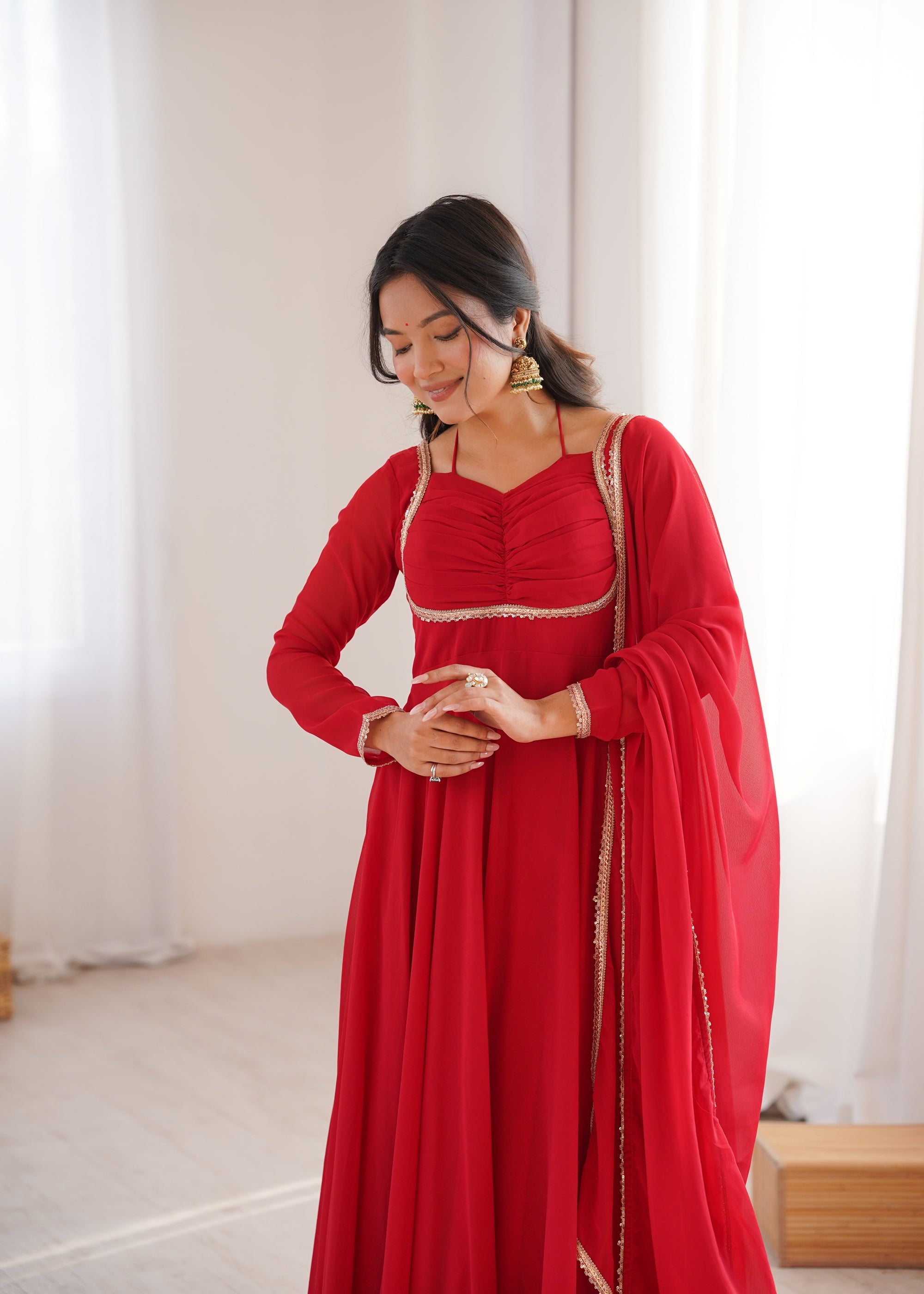 Lorenvalley Fashion Red Faux Georgette Fancy Designer Yoke Dori Neck Anarkali Gown with Dupatta | Grocsy