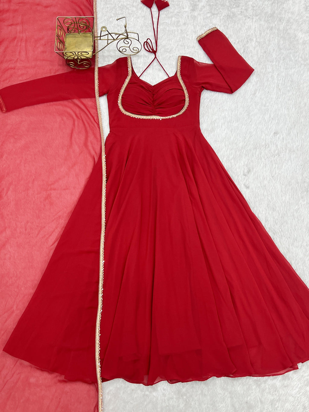 Lorenvalley Fashion Red Faux Georgette Fancy Designer Yoke Dori Neck Anarkali Gown with Dupatta | Grocsy