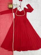 Lorenvalley Fashion Red Faux Georgette Fancy Designer Yoke Dori Neck Anarkali Gown with Dupatta | Grocsy