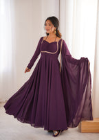 Lorenvalley Fashion Wine Faux Georgette Fancy Designer Yoke Dori Neck Anarkali Gown with Dupatta | Grocsy