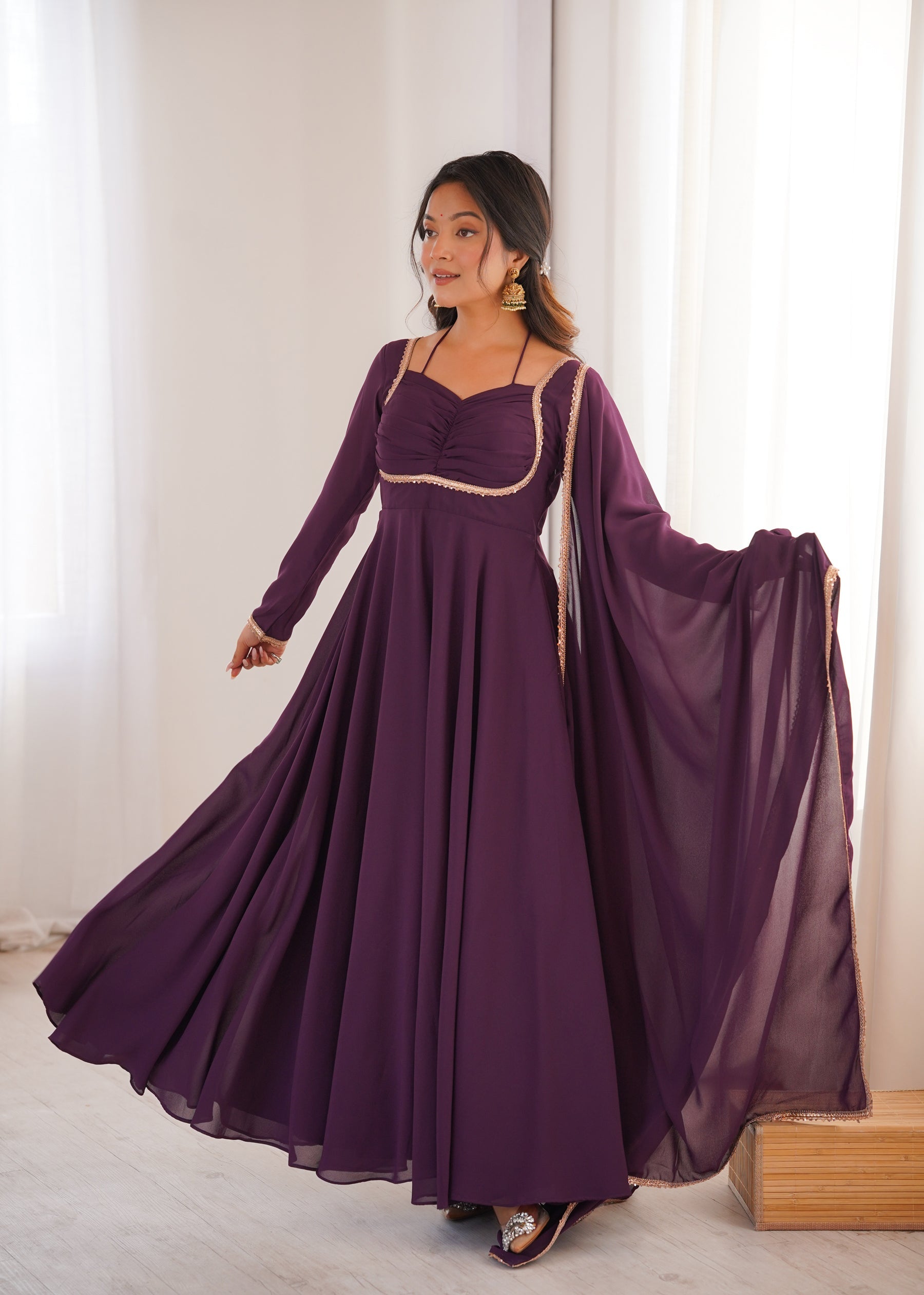 Lorenvalley Fashion Wine Faux Georgette Fancy Designer Yoke Dori Neck Anarkali Gown with Dupatta | Grocsy