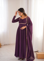 Lorenvalley Fashion Wine Faux Georgette Fancy Designer Yoke Dori Neck Anarkali Gown with Dupatta | Grocsy