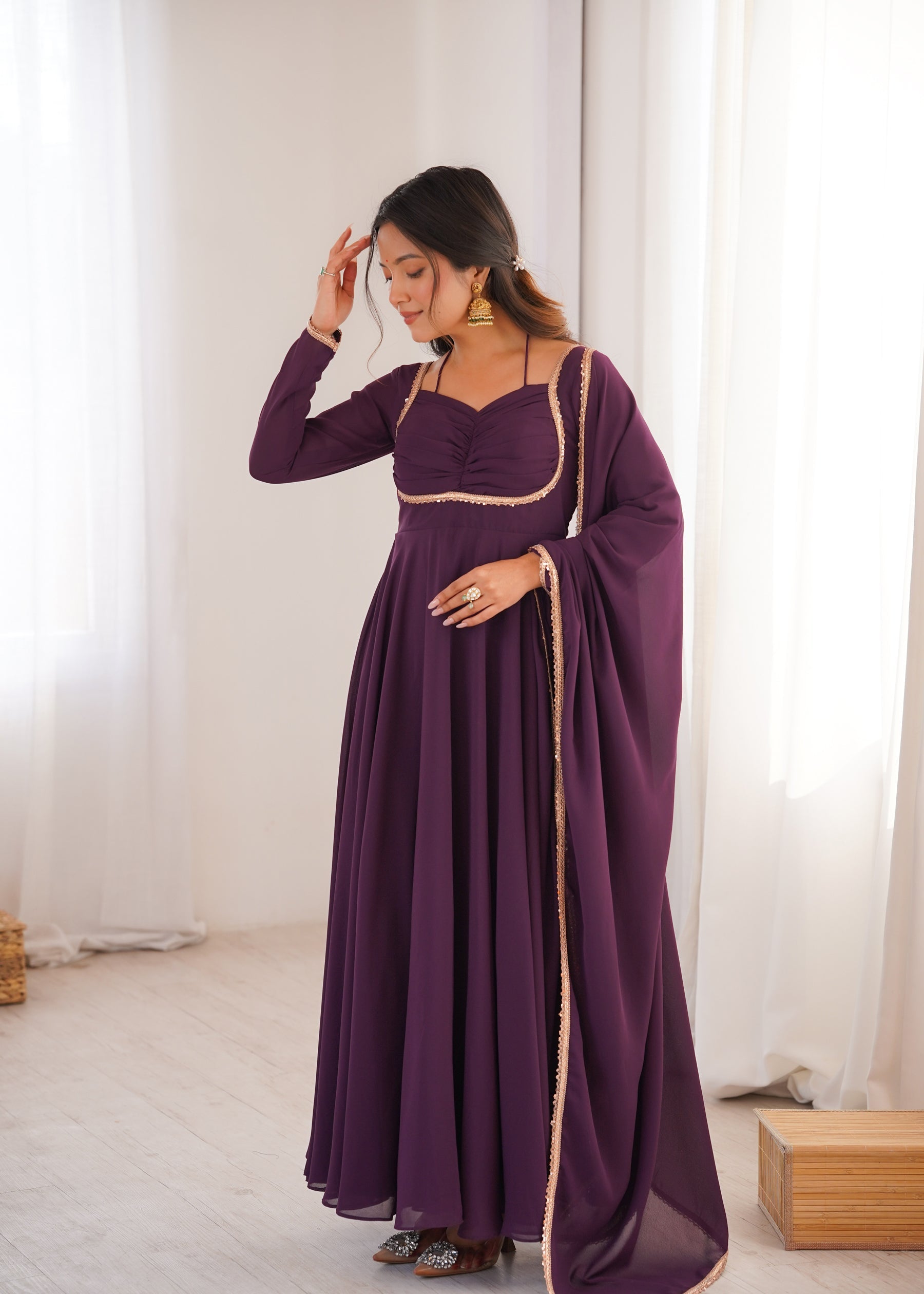 Lorenvalley Fashion Wine Faux Georgette Fancy Designer Yoke Dori Neck Anarkali Gown with Dupatta | Grocsy