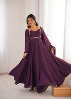 Lorenvalley Fashion Wine Faux Georgette Fancy Designer Yoke Dori Neck Anarkali Gown with Dupatta | Grocsy