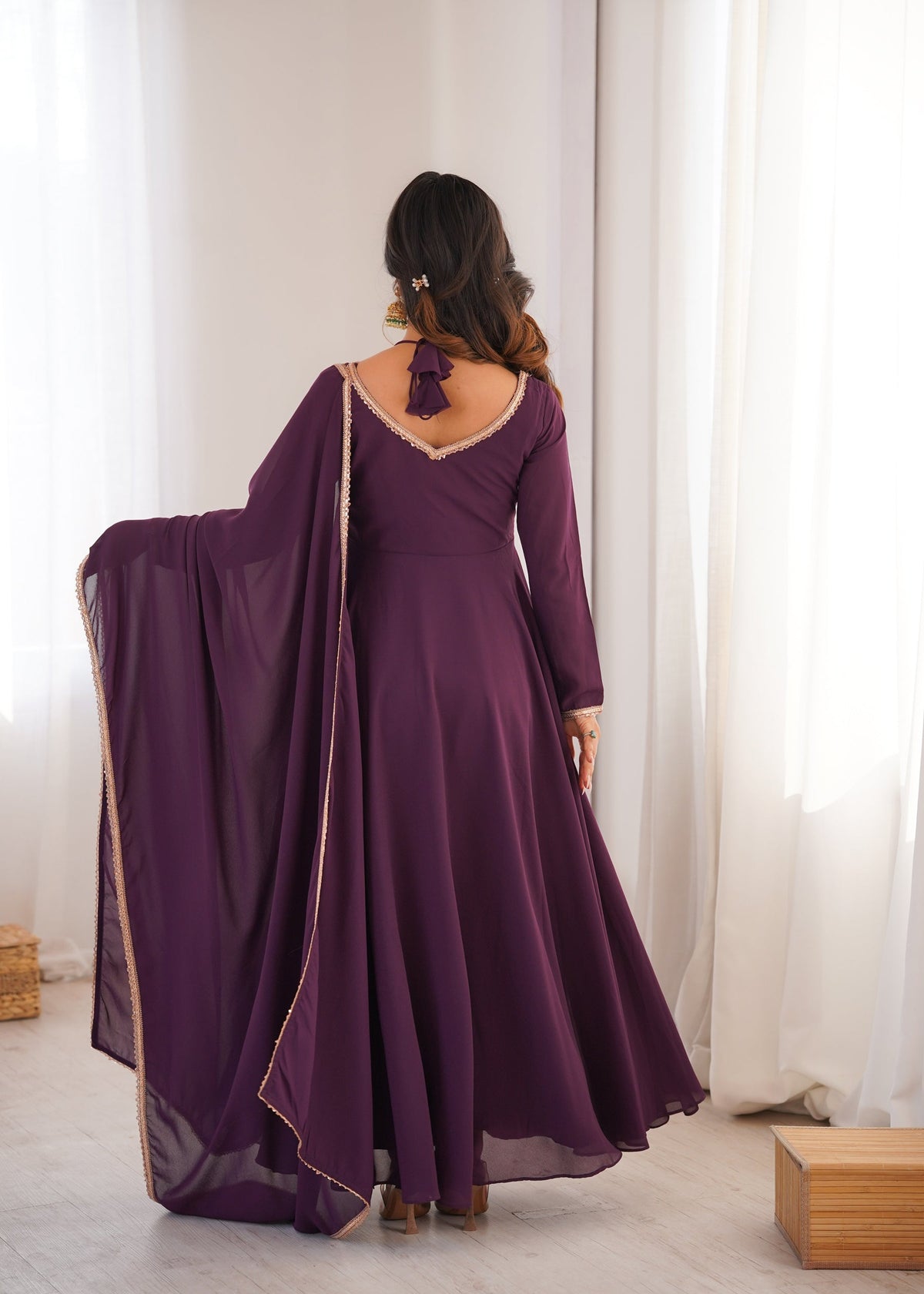 Lorenvalley Fashion Wine Faux Georgette Fancy Designer Yoke Dori Neck Anarkali Gown with Dupatta | Grocsy