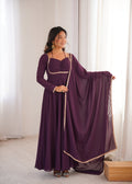Lorenvalley Fashion Wine Faux Georgette Fancy Designer Yoke Dori Neck Anarkali Gown with Dupatta | Grocsy