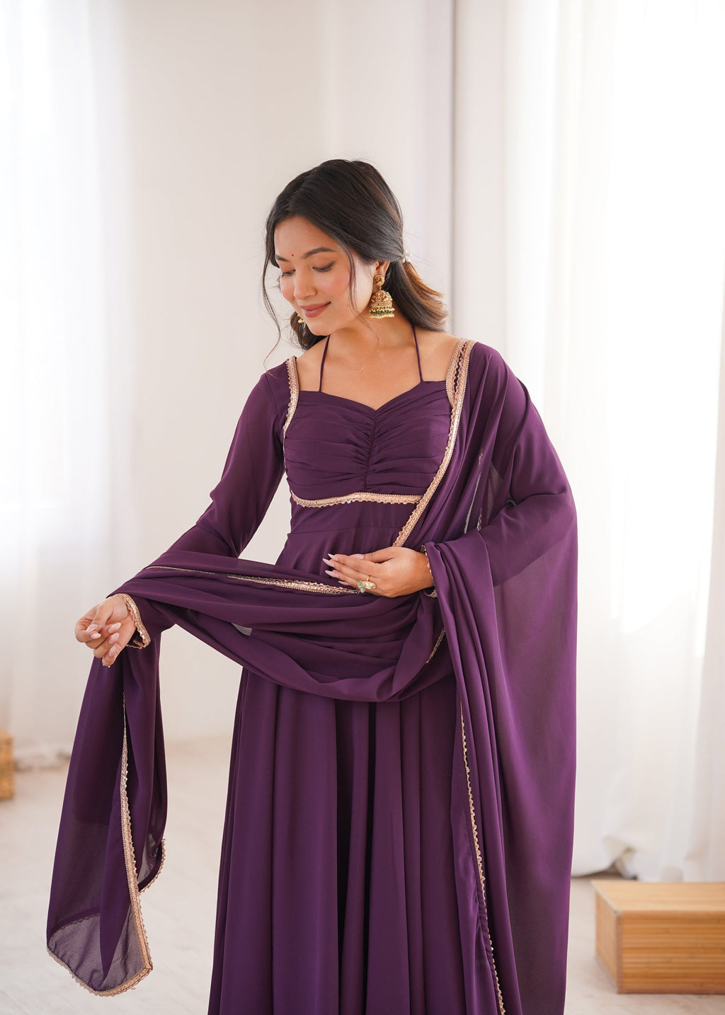 Lorenvalley Fashion Wine Faux Georgette Fancy Designer Yoke Dori Neck Anarkali Gown with Dupatta | Grocsy