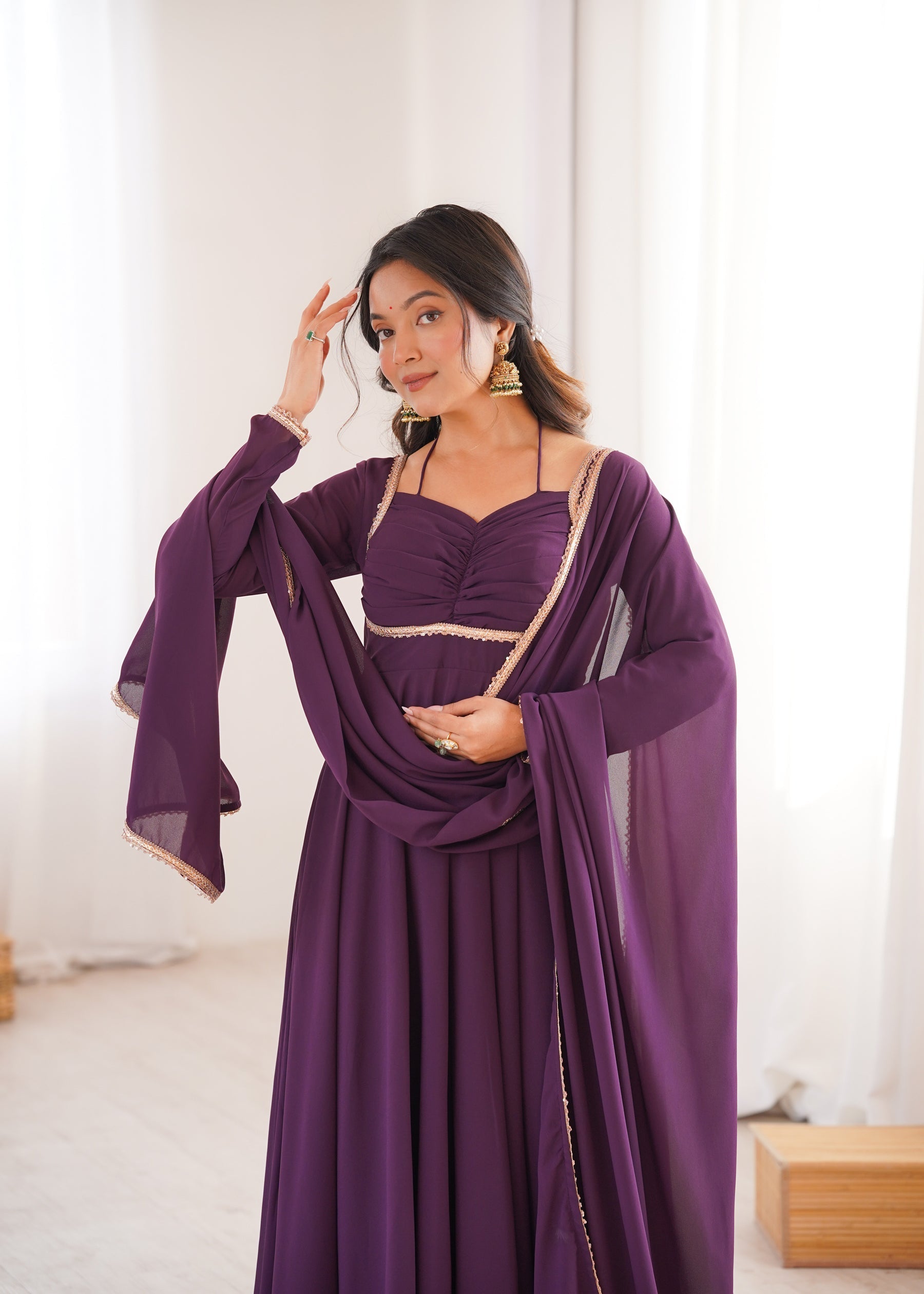Lorenvalley Fashion Wine Faux Georgette Fancy Designer Yoke Dori Neck Anarkali Gown with Dupatta | Grocsy