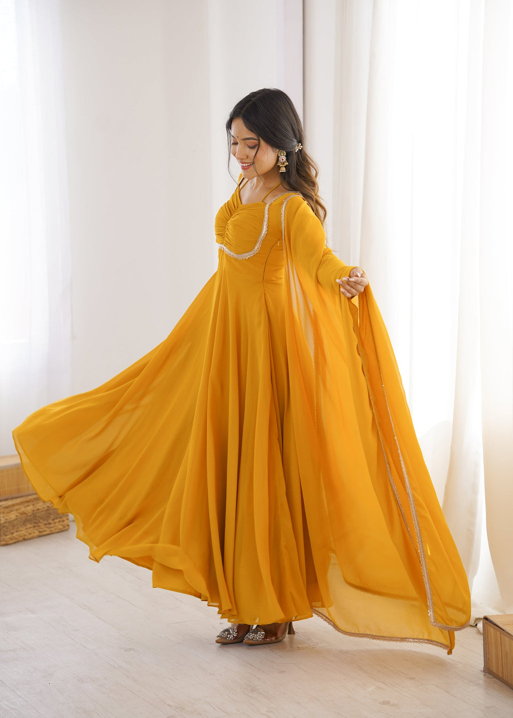 Lorenvalley Fashion Yellow Faux Georgette Fancy Designer Yoke Dori Neck Anarkali Gown with Dupatta | Grocsy