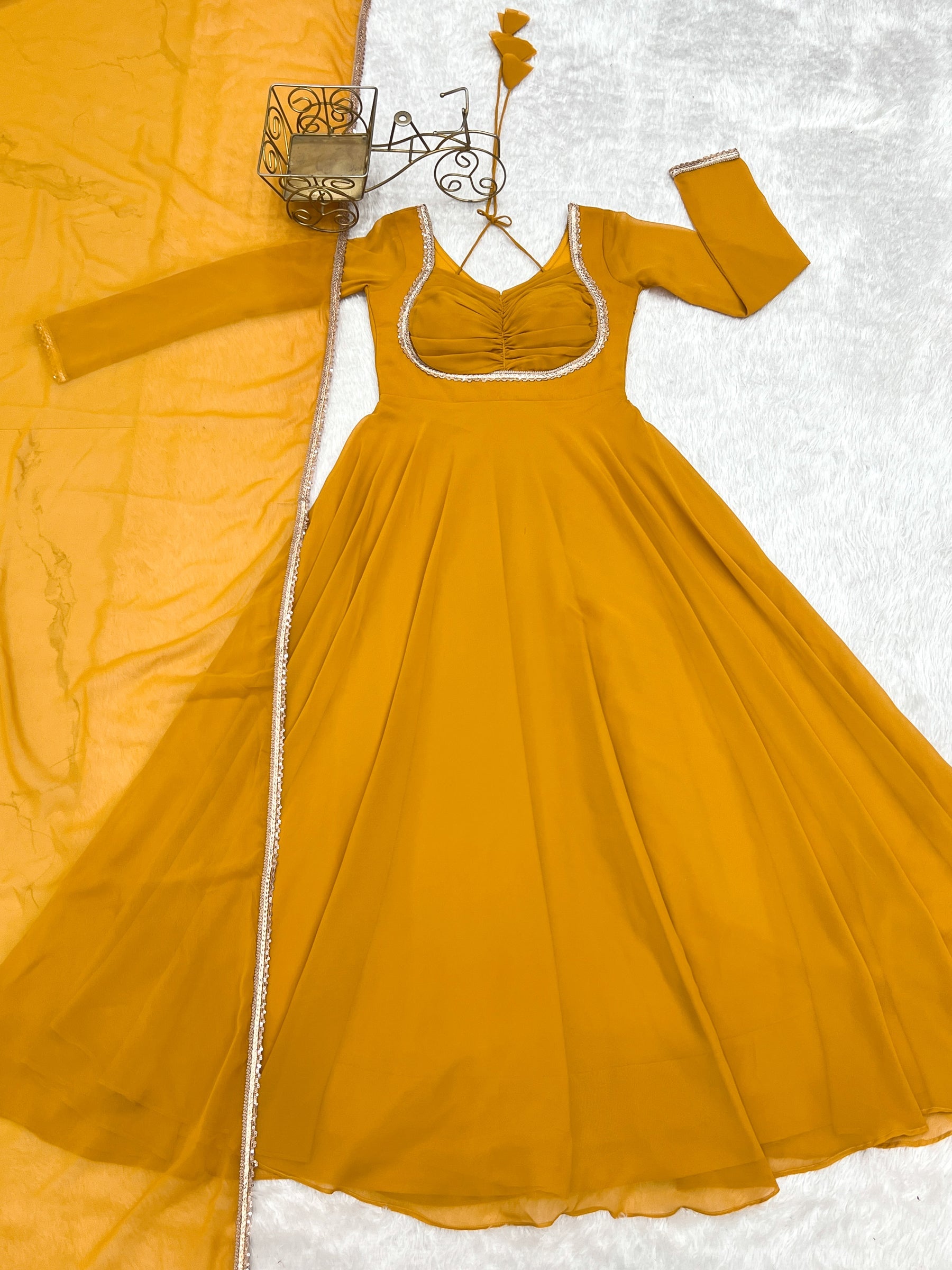 Lorenvalley Fashion Yellow Faux Georgette Fancy Designer Yoke Dori Neck Anarkali Gown with Dupatta | Grocsy