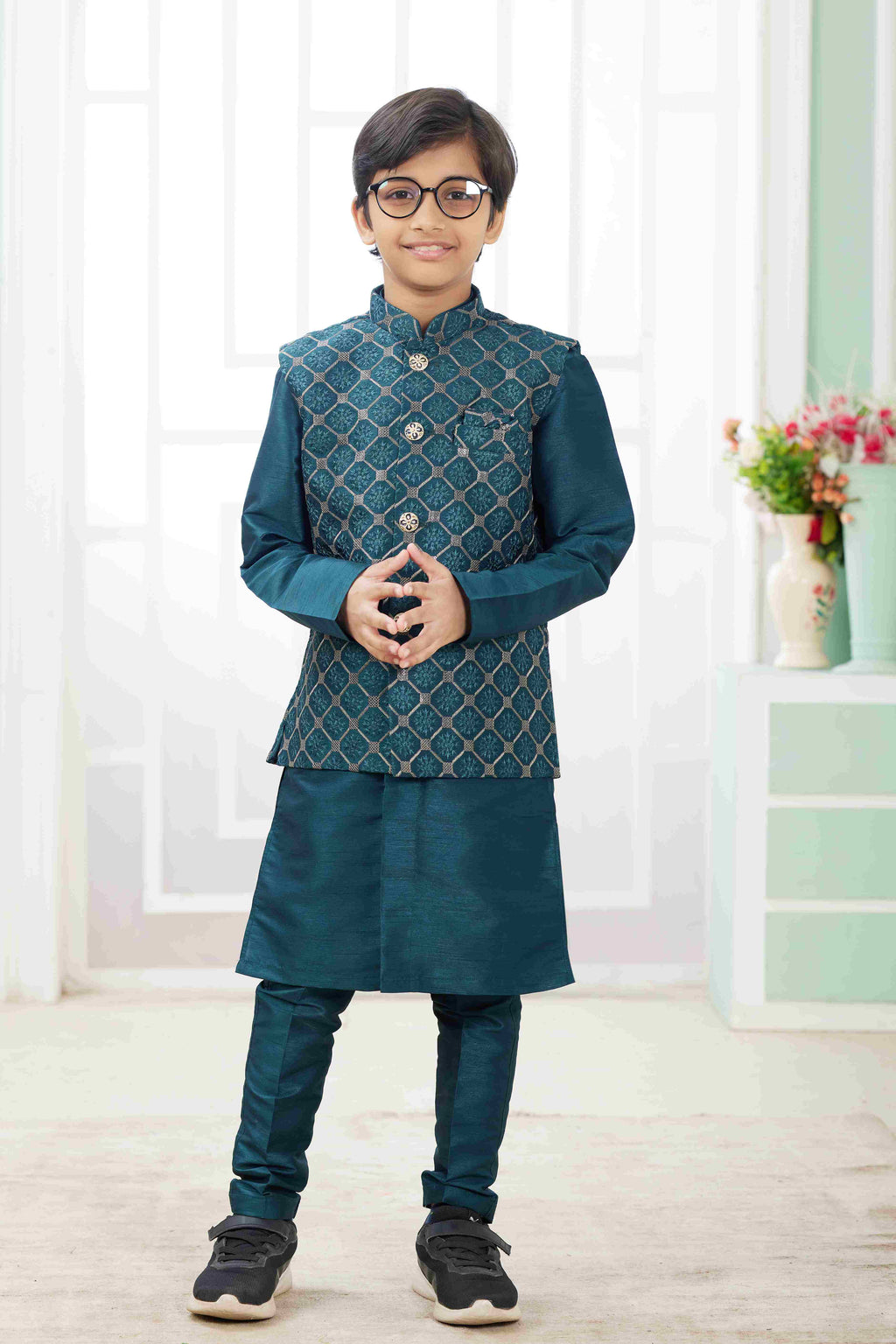 Raivat Ethnic Art Silk Embroidery Work 3 Pics Jacket Set In Teal Green Colour | Grocsy