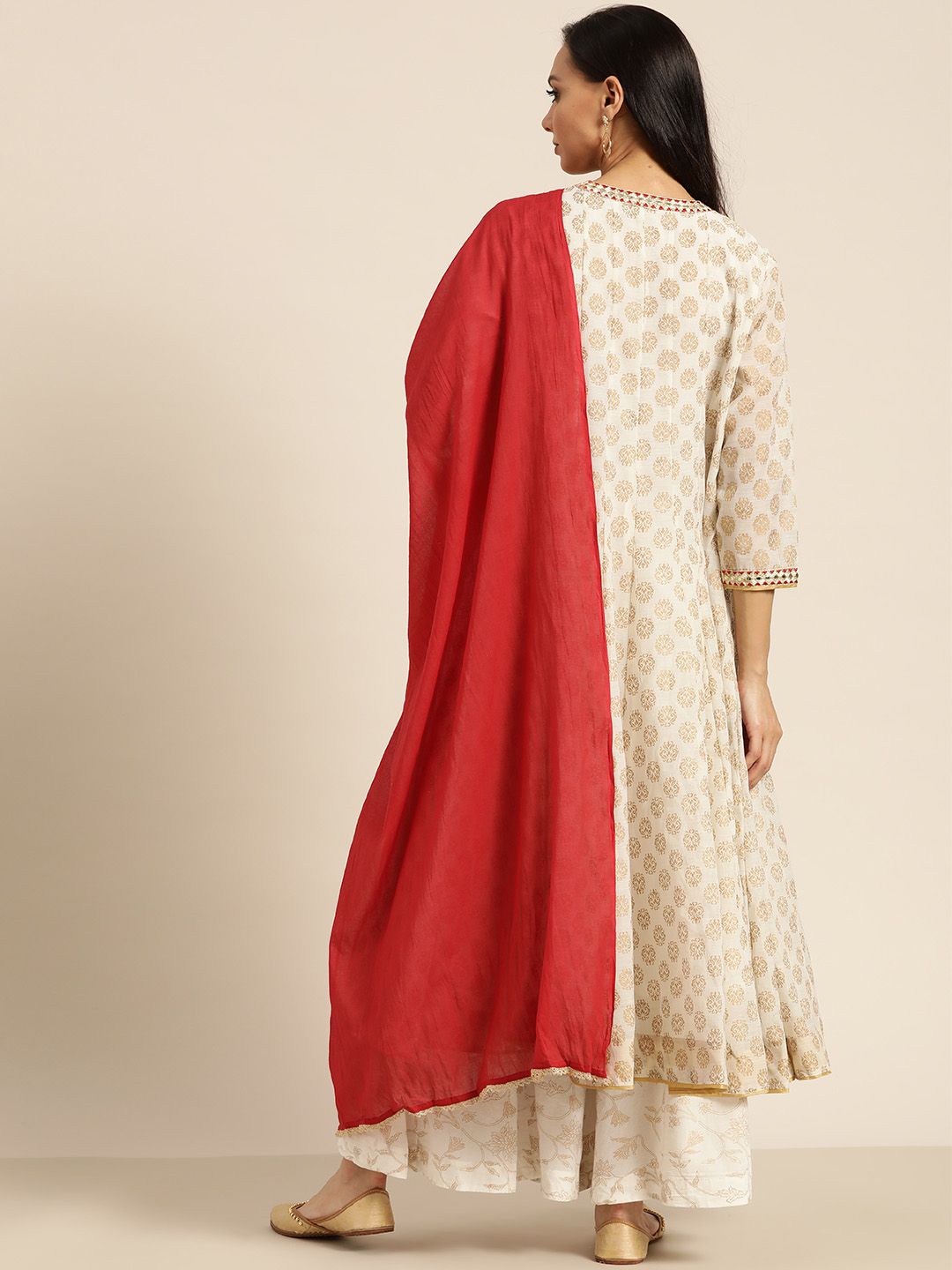 Sangria Women Off-White & Golden Printed Kurta with Palazzos & Dupatta | Grocsy