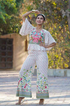 Juniper Women's White Floral Printed Rayon Peplum Co-Ord Set With Buttons | Grocsy
