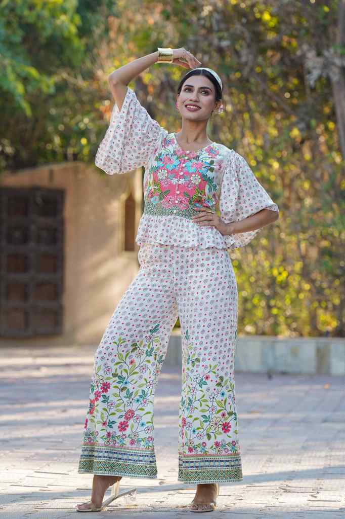 Juniper Women's White Floral Printed Rayon Peplum Co-Ord Set With Buttons | Grocsy