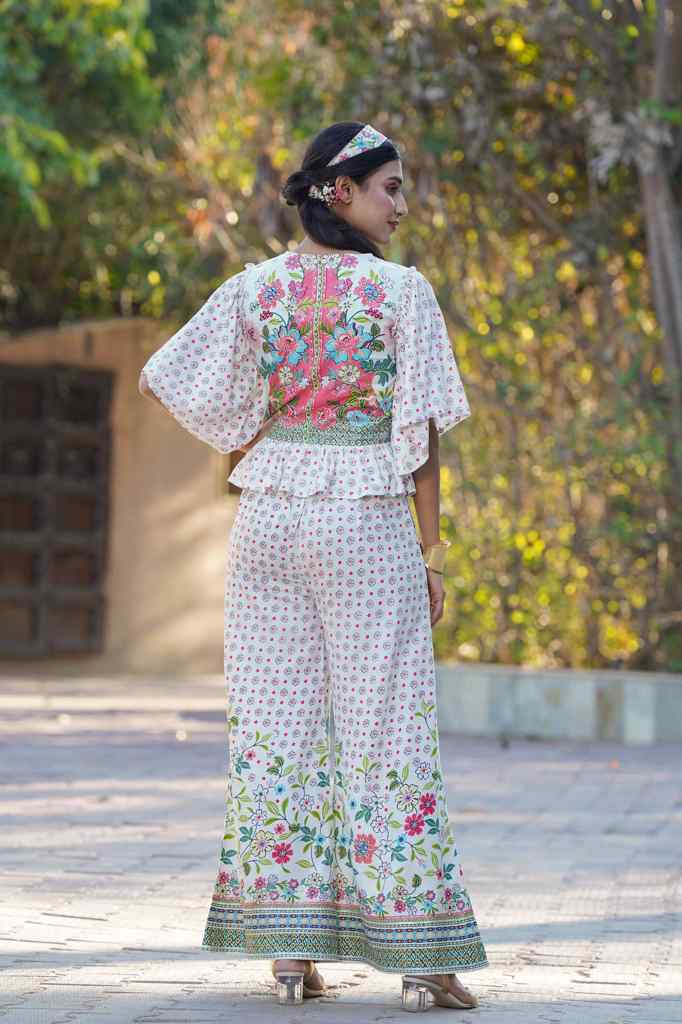 Juniper Women's White Floral Printed Rayon Peplum Co-Ord Set With Buttons | Grocsy