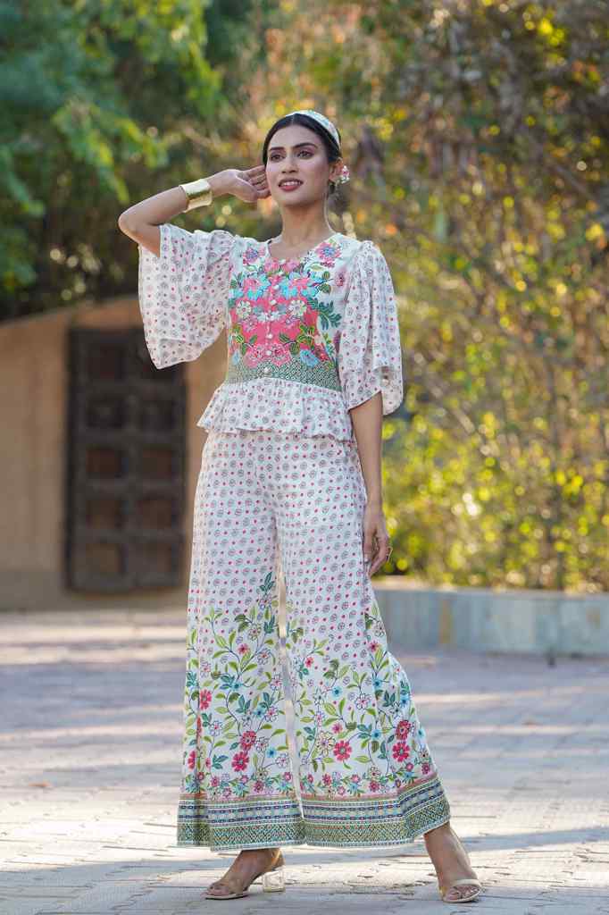 Juniper Women's White Floral Printed Rayon Peplum Co-Ord Set With Buttons | Grocsy