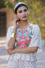 Juniper Women's White Floral Printed Rayon Peplum Co-Ord Set With Buttons | Grocsy