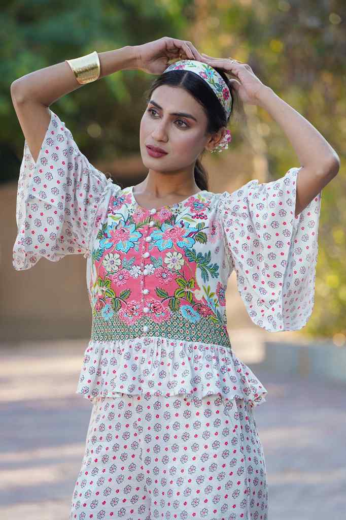 Juniper Women's White Floral Printed Rayon Peplum Co-Ord Set With Buttons | Grocsy