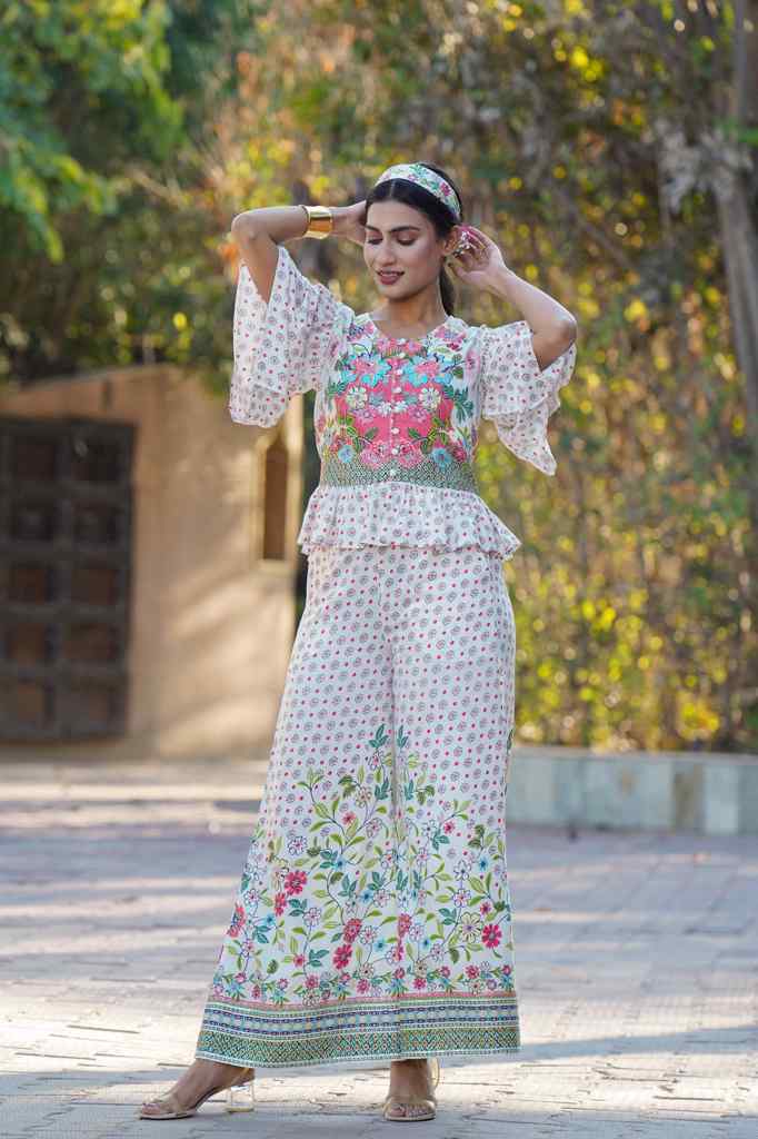 Juniper Women's White Floral Printed Rayon Peplum Co-Ord Set With Buttons | Grocsy