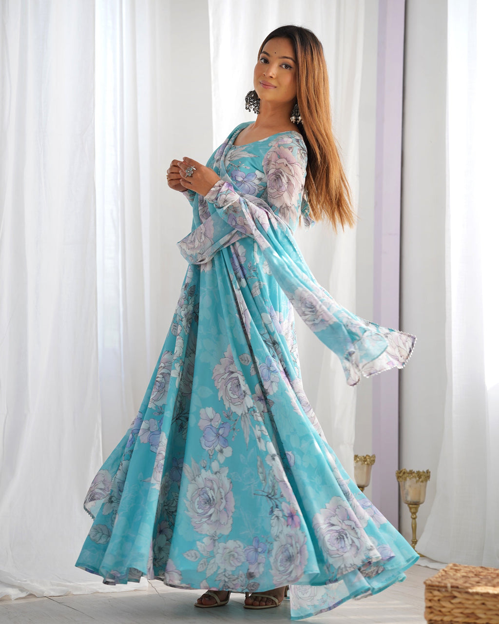 Lorenvalley Fashion Sky Blue Faux Georgette Floral Print 7 Meter Anarkali Gown with Dupatta | Grocsy