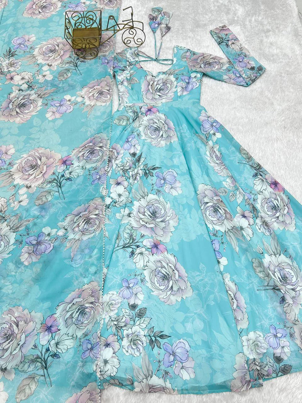 Lorenvalley Fashion Sky Blue Faux Georgette Floral Print 7 Meter Anarkali Gown with Dupatta | Grocsy