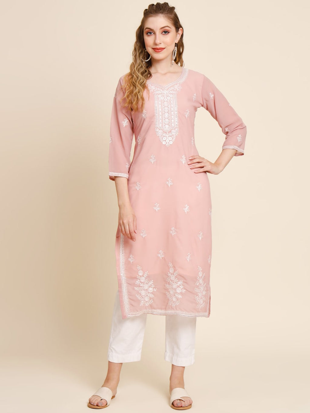 HERE&NOW Ethnic Motifs Embroidered Sequined Georgette Kurta | Grocsy