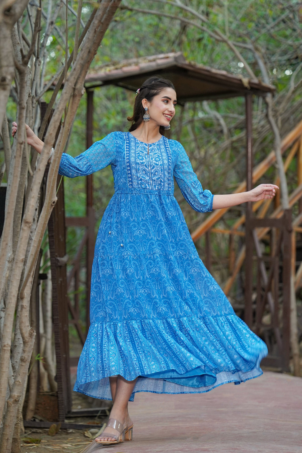 Juniper Womens Blue Georgette Floral Printed Tiered Dress | Grocsy