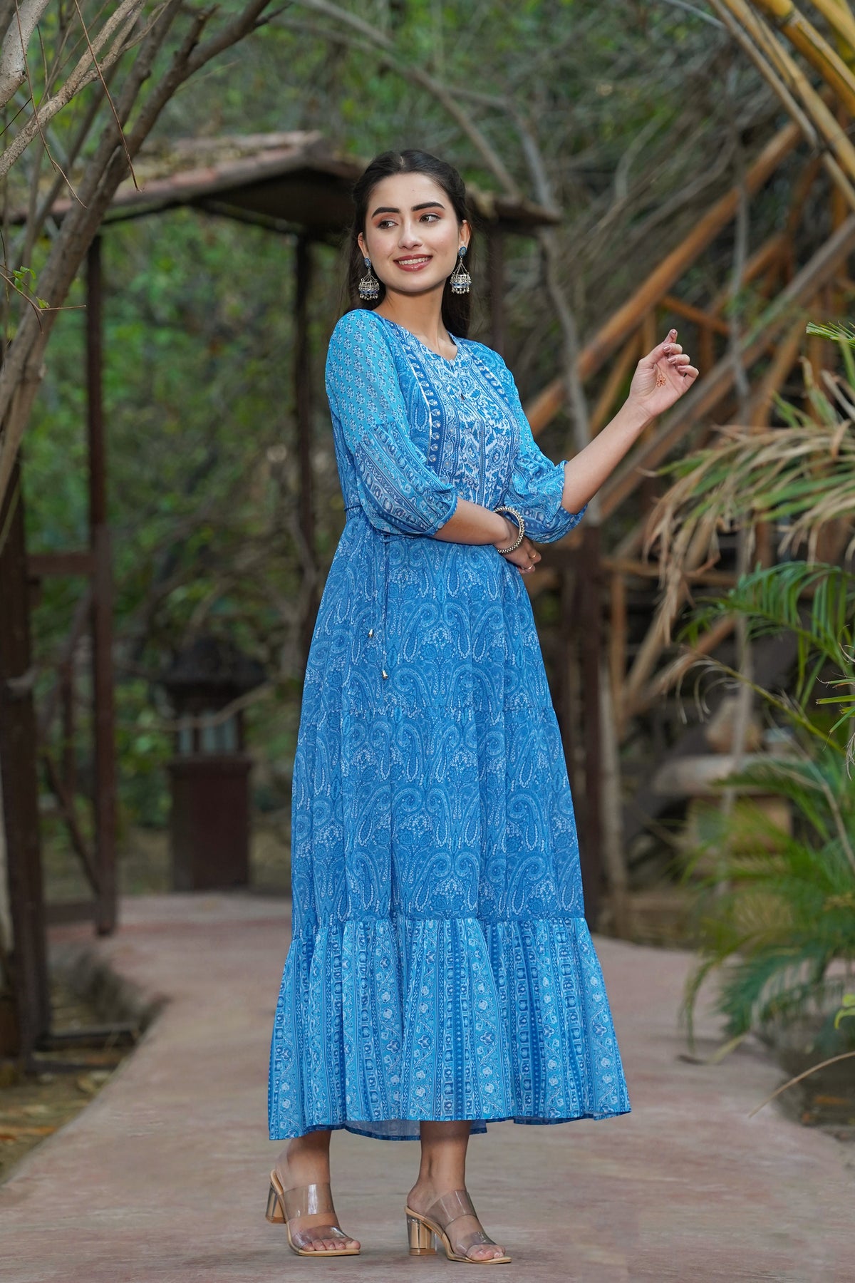 Juniper Womens Blue Georgette Floral Printed Tiered Dress | Grocsy