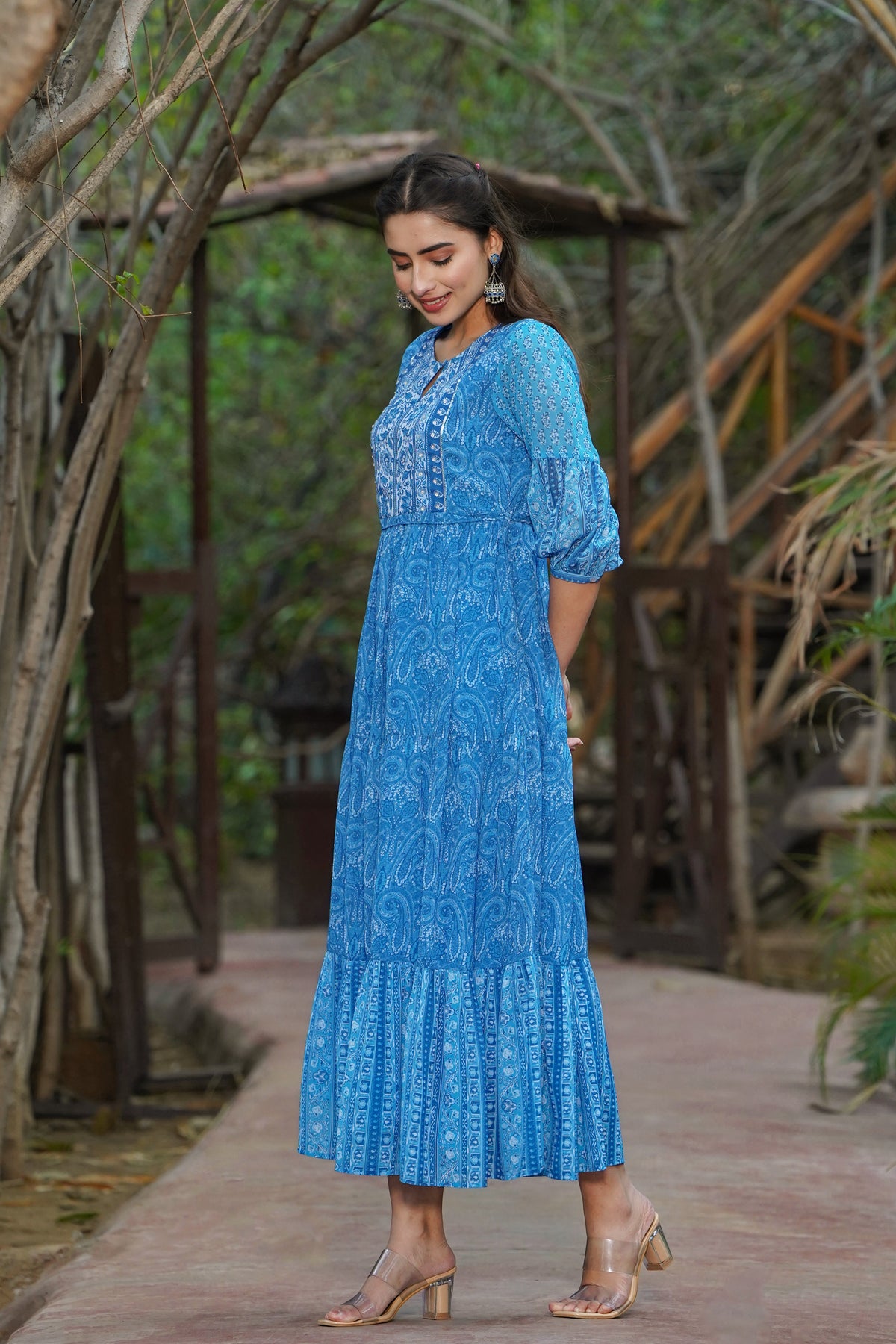 Juniper Womens Blue Georgette Floral Printed Tiered Dress | Grocsy