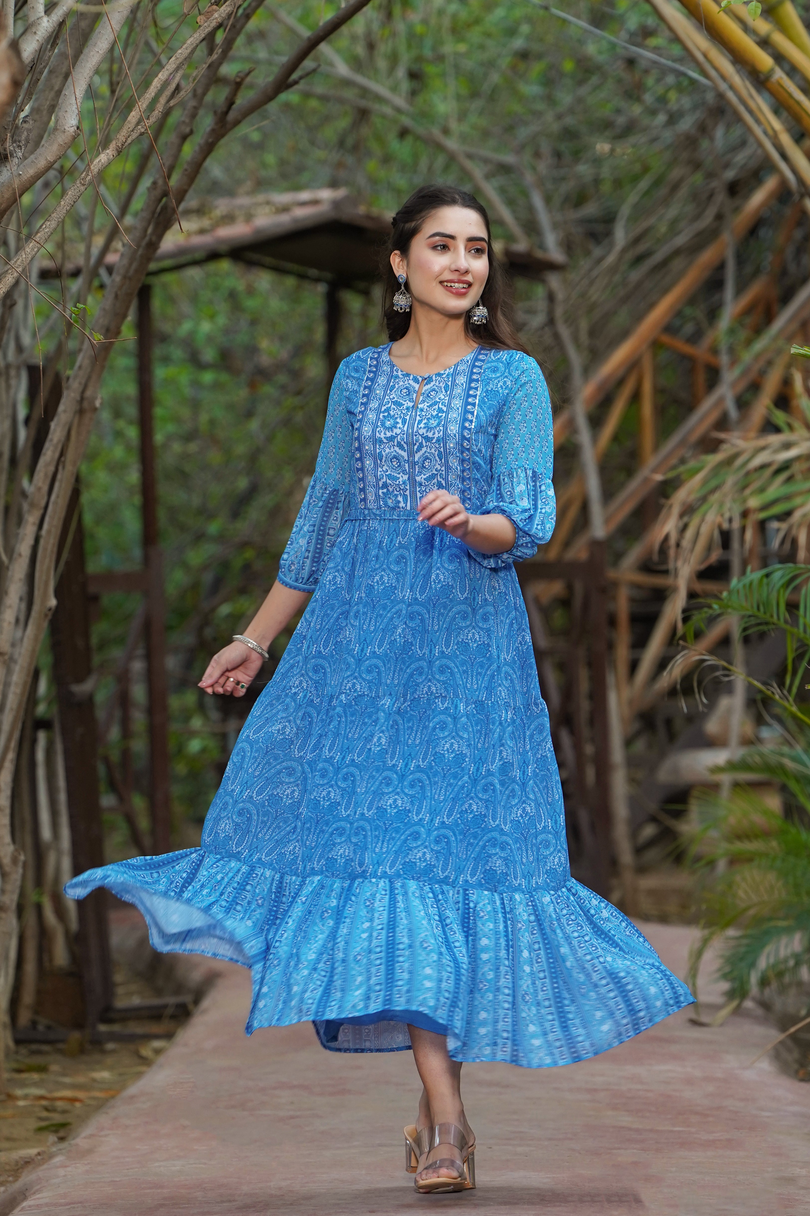 Juniper Womens Blue Georgette Floral Printed Tiered Dress | Grocsy