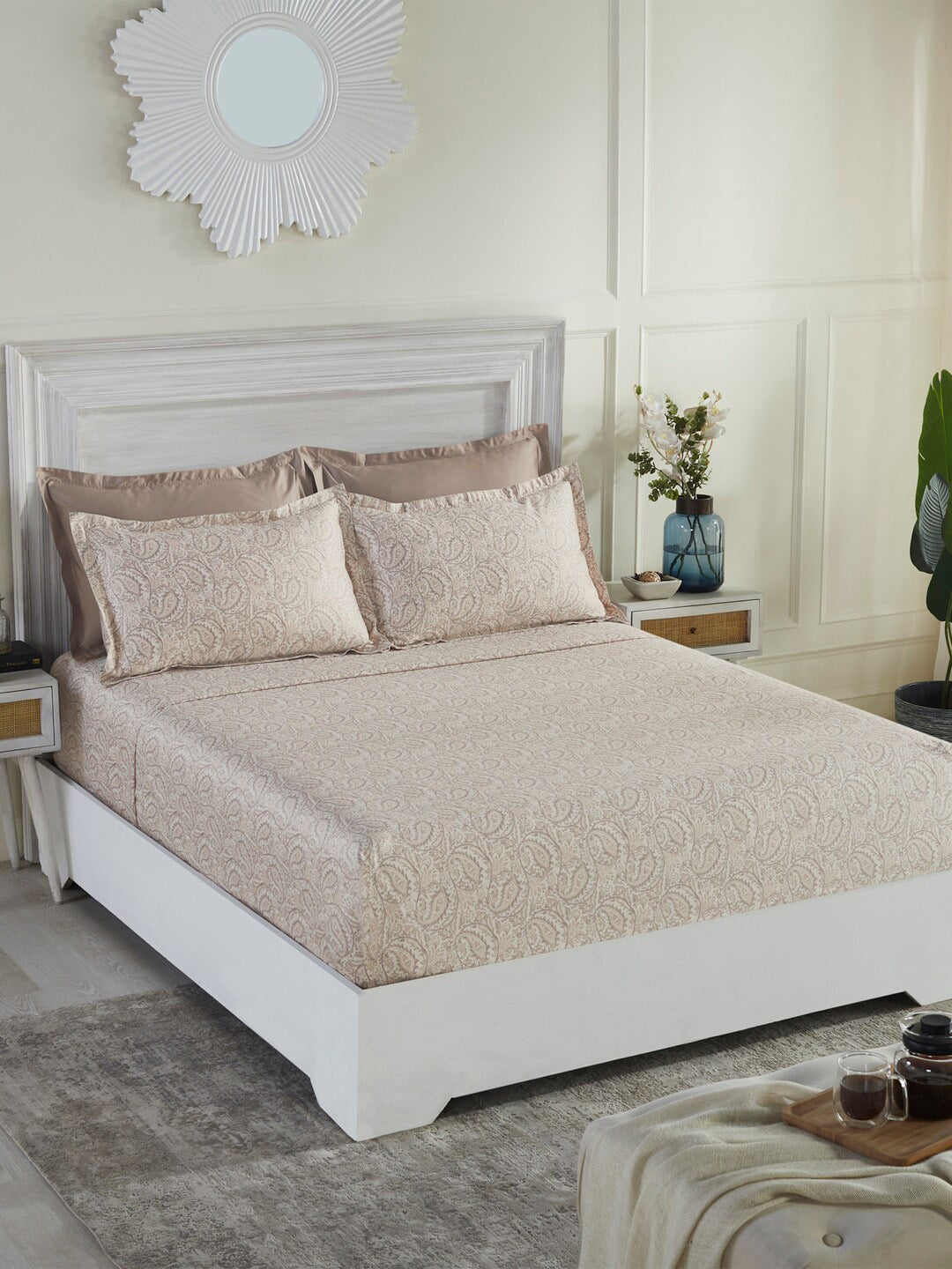MYTRIDENTBeige White Ethnic Motifs 100% Cotton 400 TC King Bedsheet with 4 Pillow Covers | Grocsy
