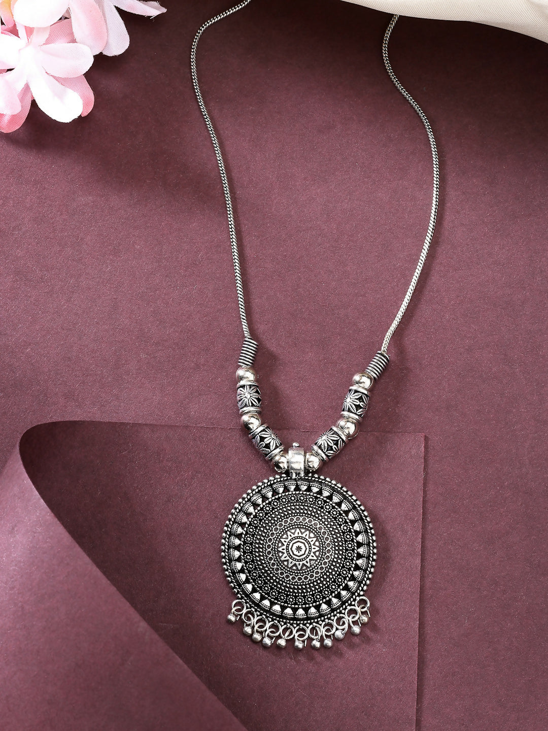 NVR Women's Silver-Toned Circular Shape Pendant with Chain | Grocsy