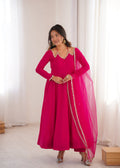 Lorenvalley Fashion Magenta Roman Silk Chanderi Yoke Fancy Lace Pattern Anarkali Gown Pant With Dupatta | Grocsy