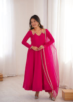Lorenvalley Fashion Magenta Roman Silk Chanderi Yoke Fancy Lace Pattern Anarkali Gown Pant With Dupatta | Grocsy