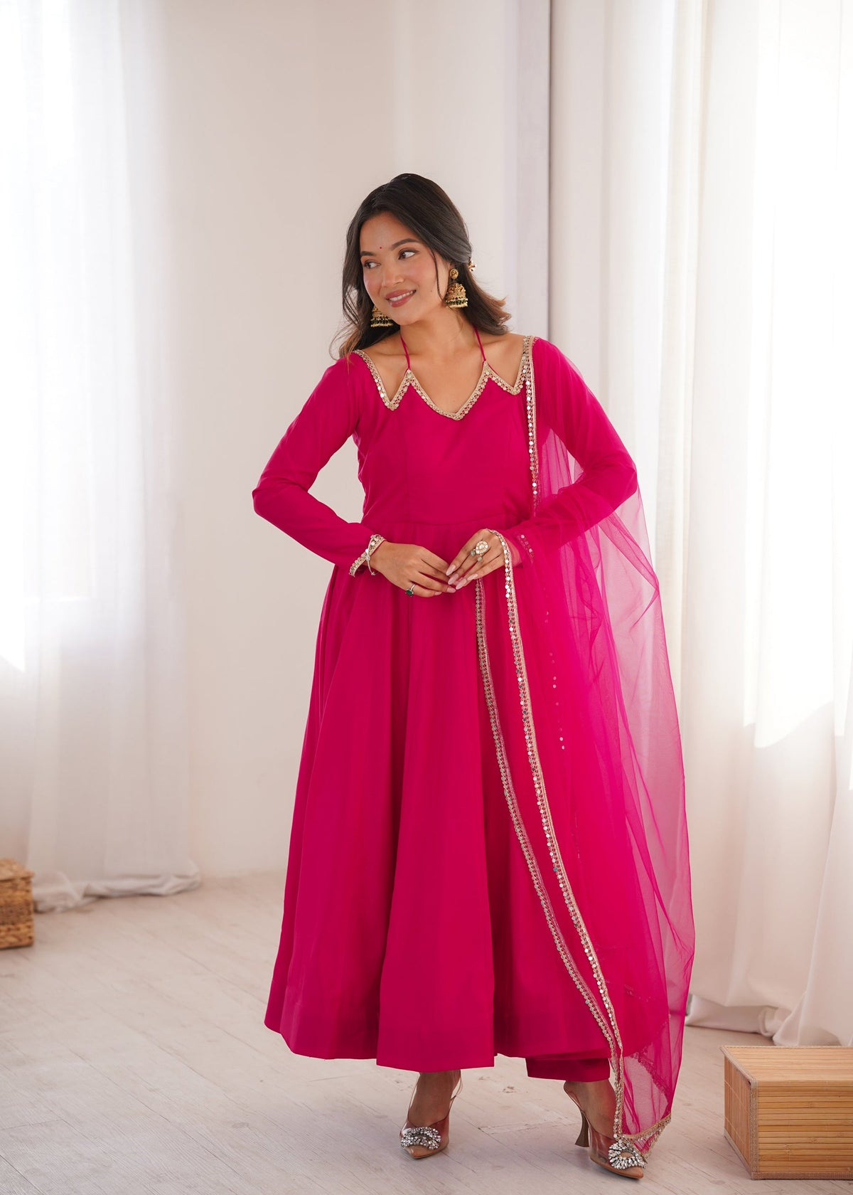 Lorenvalley Fashion Magenta Roman Silk Chanderi Yoke Fancy Lace Pattern Anarkali Gown Pant With Dupatta | Grocsy