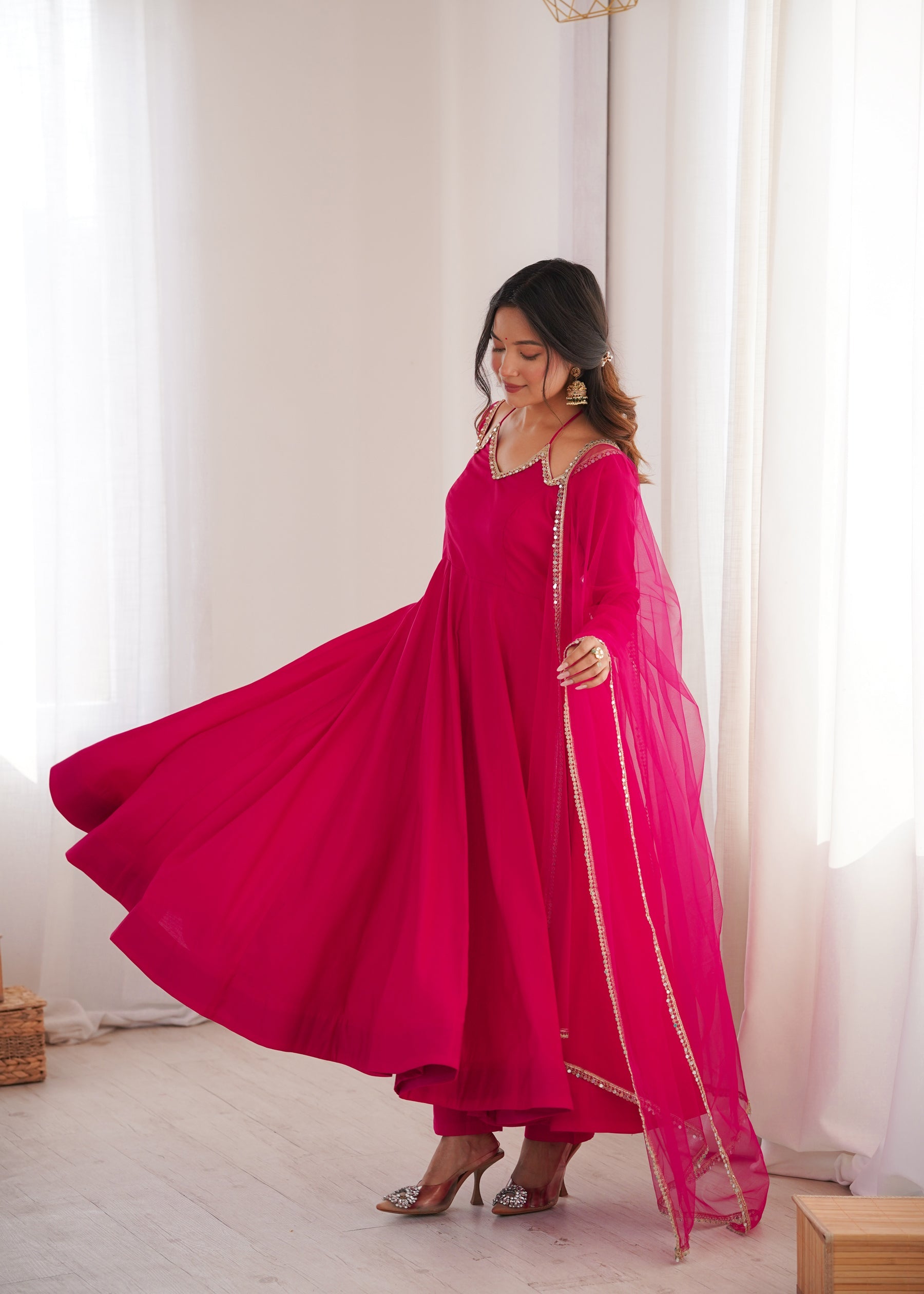 Lorenvalley Fashion Magenta Roman Silk Chanderi Yoke Fancy Lace Pattern Anarkali Gown Pant With Dupatta | Grocsy