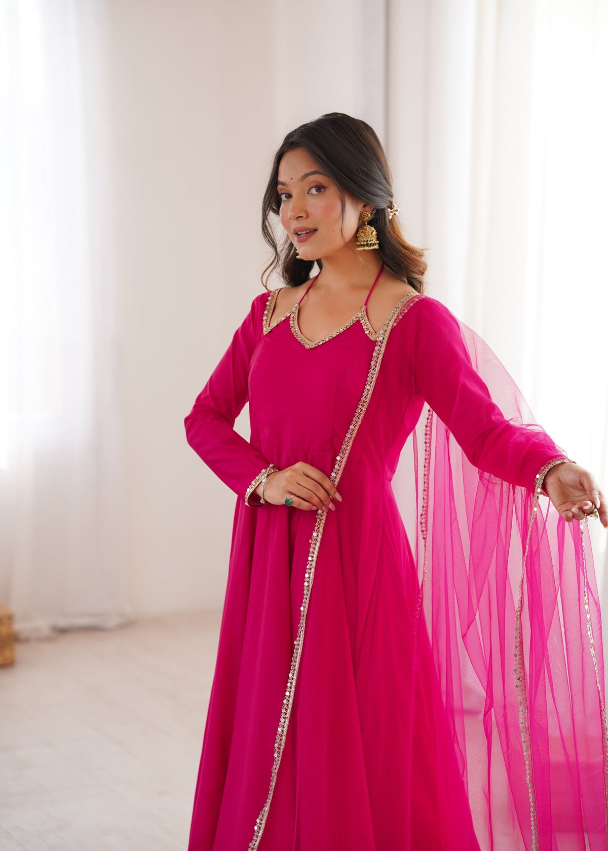 Lorenvalley Fashion Magenta Roman Silk Chanderi Yoke Fancy Lace Pattern Anarkali Gown Pant With Dupatta | Grocsy