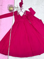 Lorenvalley Fashion Magenta Roman Silk Chanderi Yoke Fancy Lace Pattern Anarkali Gown Pant With Dupatta | Grocsy