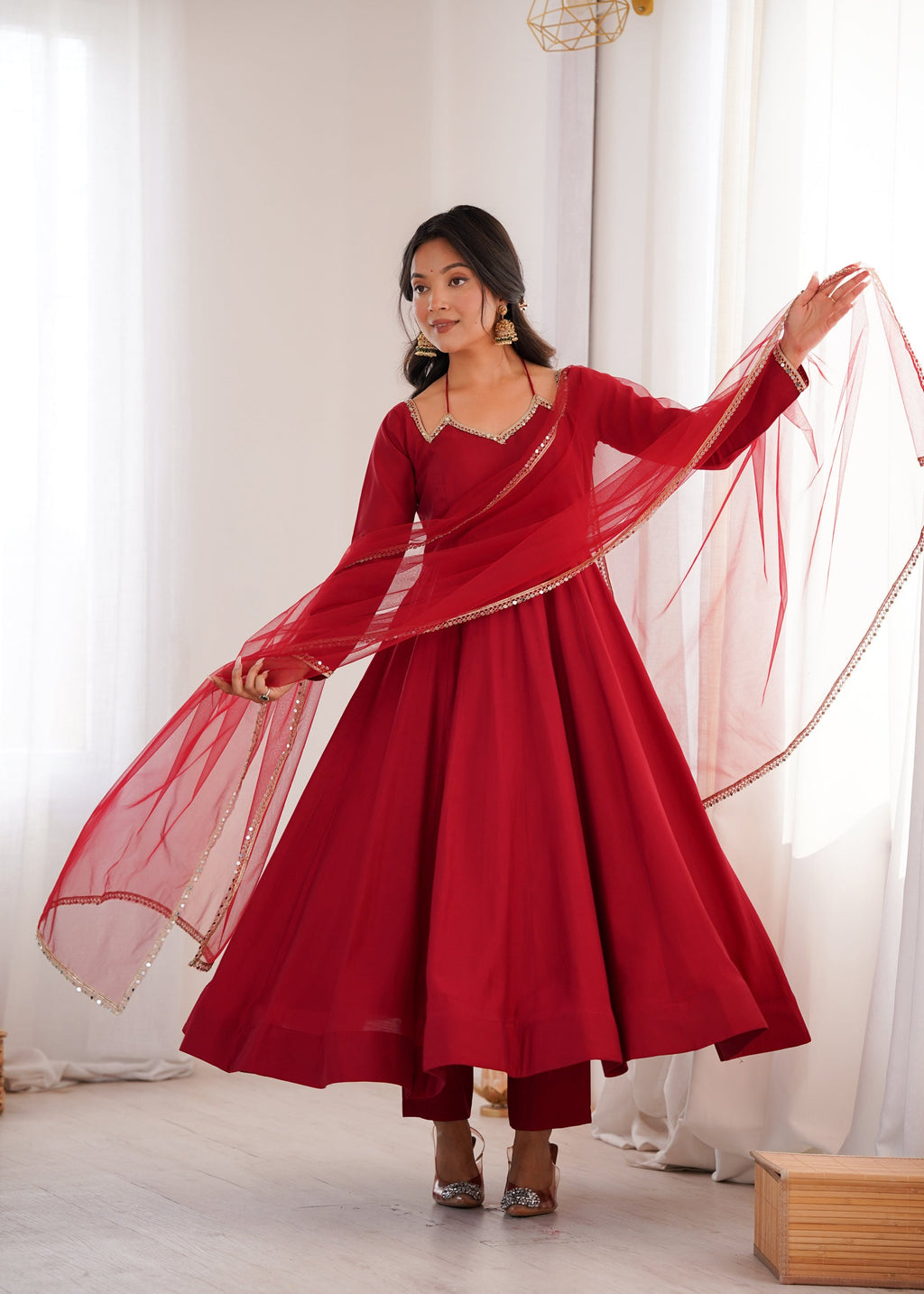 Lorenvalley Fashion Maroon Roman Silk Chanderi Yoke Fancy Lace Pattern Anarkali Gown Pant With Dupatta | Grocsy