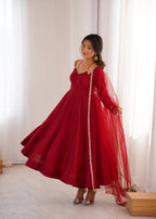 Lorenvalley Fashion Maroon Roman Silk Chanderi Yoke Fancy Lace Pattern Anarkali Gown Pant With Dupatta | Grocsy
