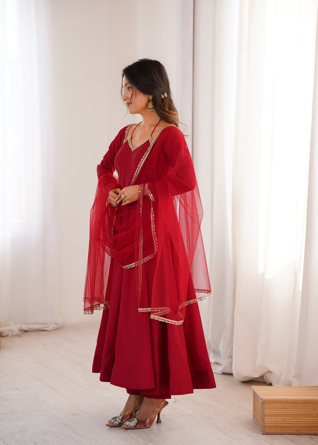 Lorenvalley Fashion Maroon Roman Silk Chanderi Yoke Fancy Lace Pattern Anarkali Gown Pant With Dupatta | Grocsy