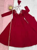 Lorenvalley Fashion Maroon Roman Silk Chanderi Yoke Fancy Lace Pattern Anarkali Gown Pant With Dupatta | Grocsy