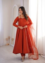 Lorenvalley Fashion Rust Romansilk Chanderi Yoke Fancy Lace Pattern Anarkali Gown Pant with Dupatta | Grocsy