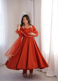 Lorenvalley Fashion Rust Romansilk Chanderi Yoke Fancy Lace Pattern Anarkali Gown Pant with Dupatta | Grocsy