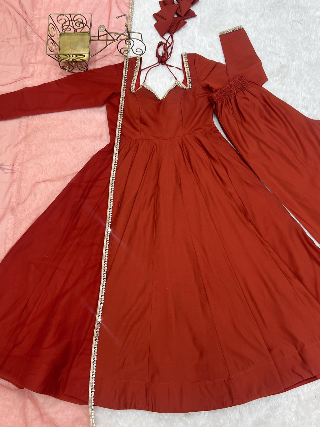 Lorenvalley Fashion Rust Romansilk Chanderi Yoke Fancy Lace Pattern Anarkali Gown Pant with Dupatta | Grocsy