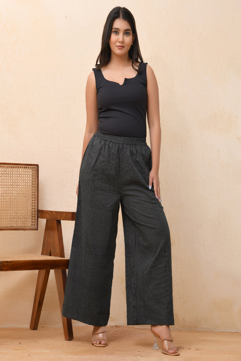 Vaasva Women Black Kantha Flared Pants | Grocsy