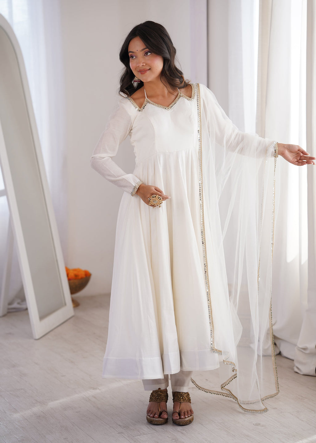Lorenvalley Fashion White Romansilk Chanderi Yoke Fancy Lace Pattern Anarkali Gown Pant with Dupatta | Grocsy