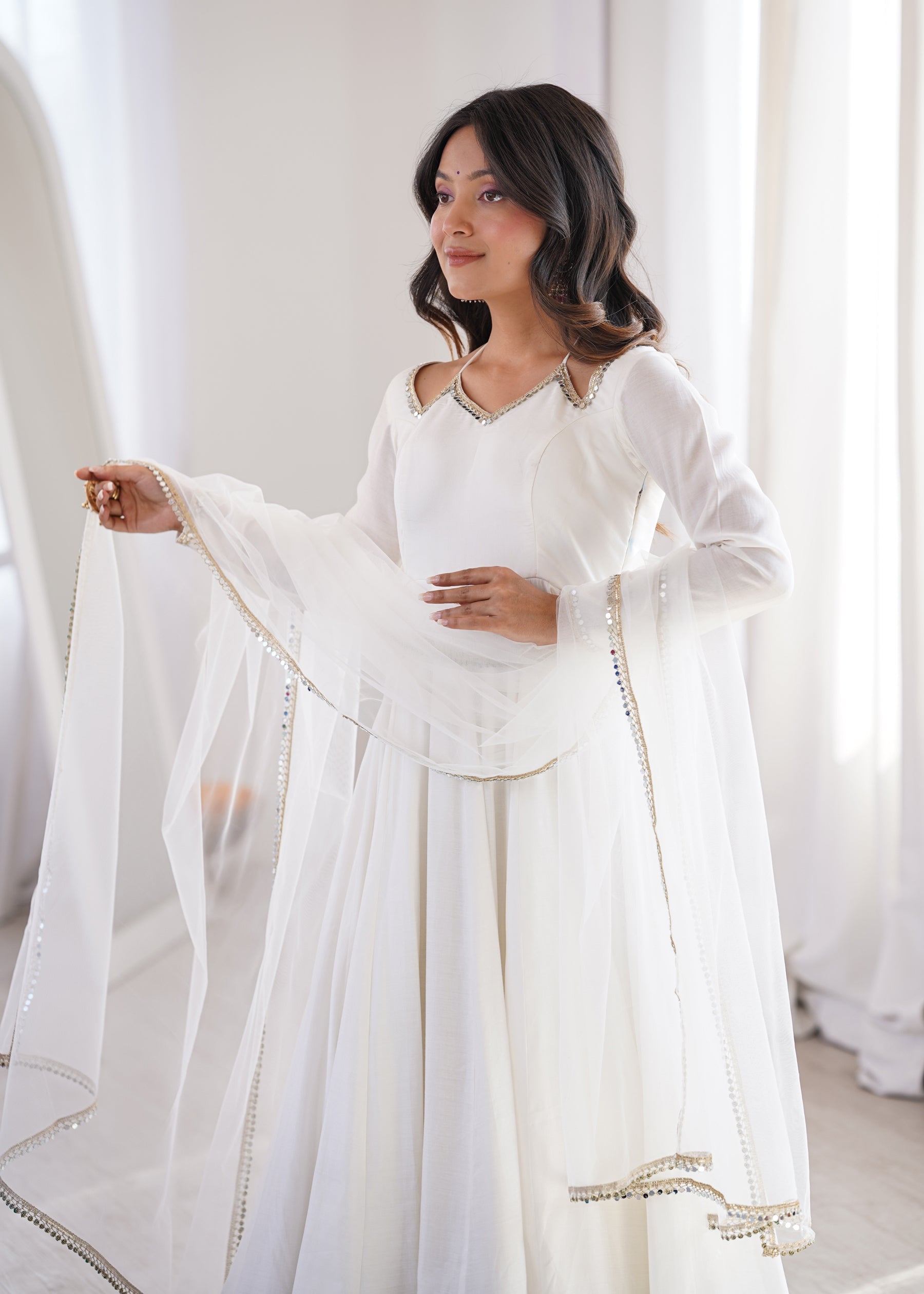 Lorenvalley Fashion White Romansilk Chanderi Yoke Fancy Lace Pattern Anarkali Gown Pant with Dupatta | Grocsy